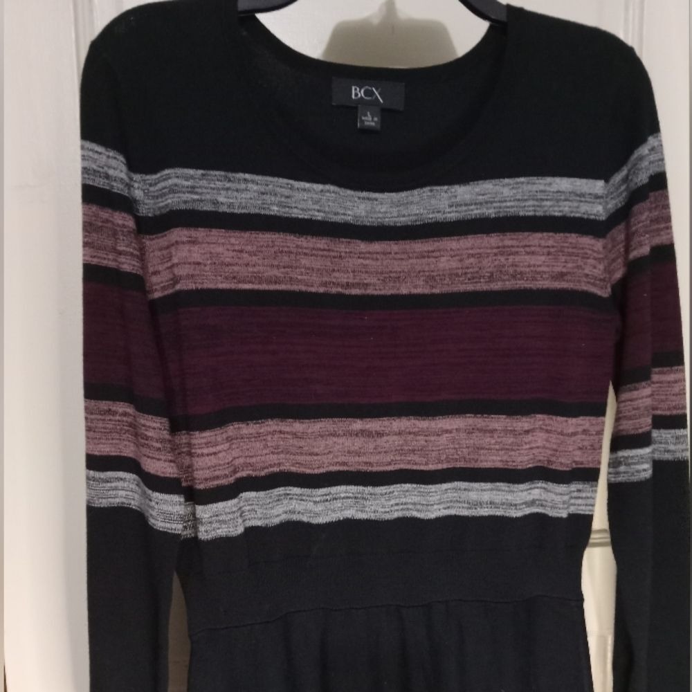 BCX Size L Sweater Dress Black Striped Long Sleeve Knit Casual Work Career Large